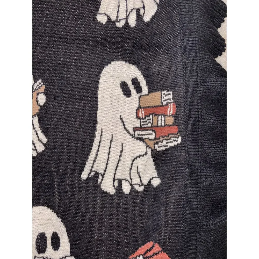 Halloween Ghost Reading Books Throw Blanket Viral Black Ruffled Edge NEW